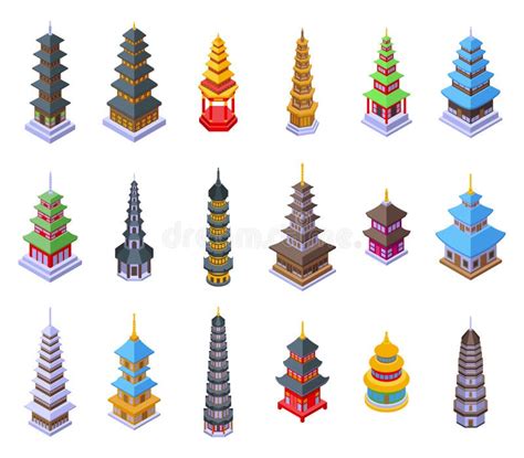 Pagoda Icons Set Isometric Vector Asian Temple Stock Vector
