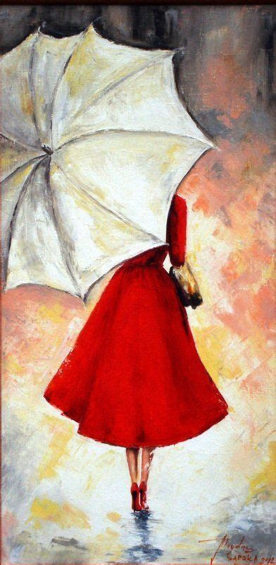 A Painting Of A Woman In A Red Dress Holding An Umbrella With Her Back