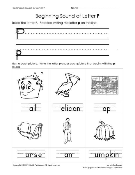 Beginning Sound Of Letter P Worksheet For Pre K Kindergarten Lesson