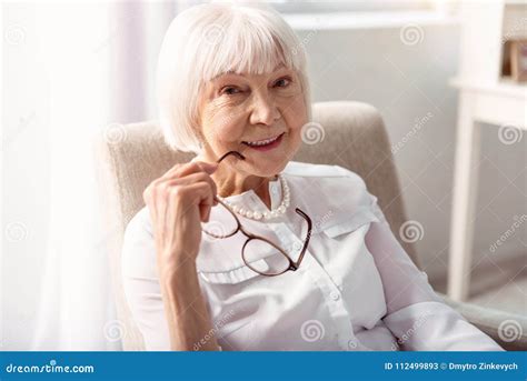 Close Up Of Cheerful Elderly Woman Posing Without Glasses Stock Image
