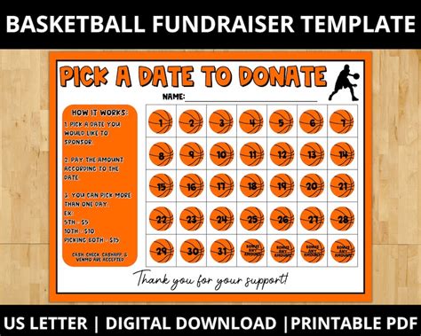 Basketball Calendar Fundraiser Pick A Date To Donate Printable
