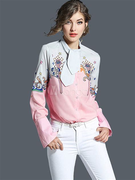 Women Casual Shirt Pink Long Sleeve Floral Print Pussy Bow Blouse