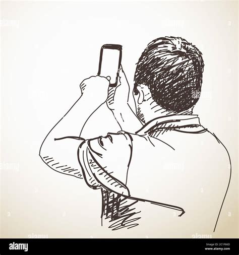 Man Taking Photo With Smart Phone Hand Drawn Illustration Vector