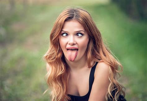 Hd Wallpaper Humor Face Tongues Women Model Eyes Tongue Out Brunette Wallpaper Flare