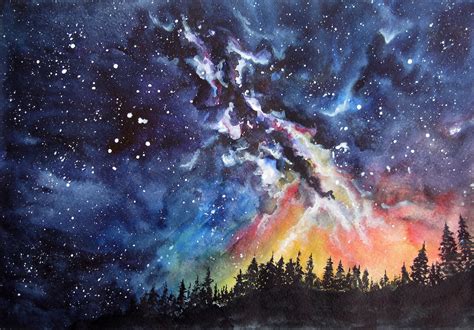 Starry Night Sky Painting Milky Way Original Art Colorful Etsy