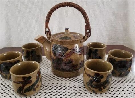 Vintage 1960s Stoneware Omc Japan Pottery Tea Set Teapot And 6 Cups