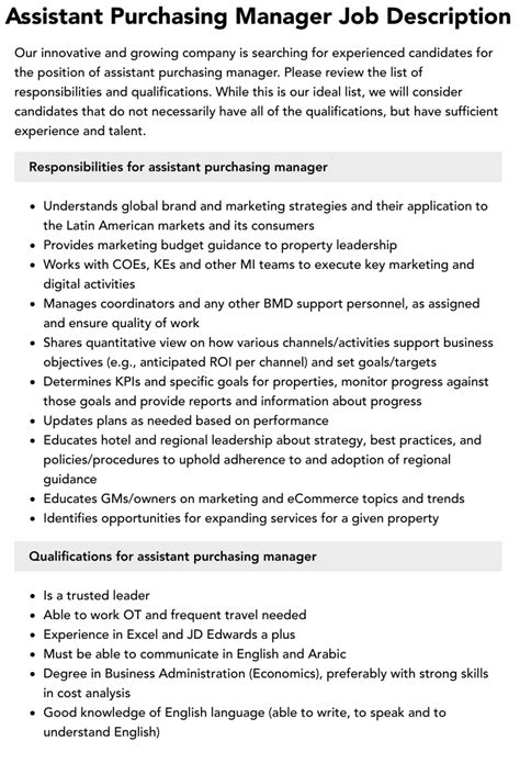 Assistant Purchasing Manager Job Description Velvet Jobs
