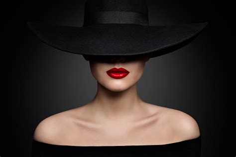 Woman Hat Lips And Shoulder Elegant Fashion Model In Black Wide Broad