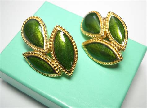 Vintage Earrings Trifari Green Enamel Gold Tone Leaf Cluster Etsy