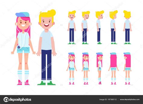 Front Side Back View Animated Characters Teenagers Boy Girl Cartoon