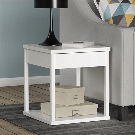 New Modern End Table In White Accent Drawer Storage Wood Living Room