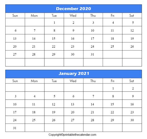 December 2020 To January 2021 Calendar Printable Printable Blank
