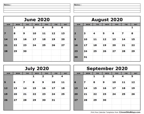 Blank Callendar For June July Aug And Sept Calendar Template Printable