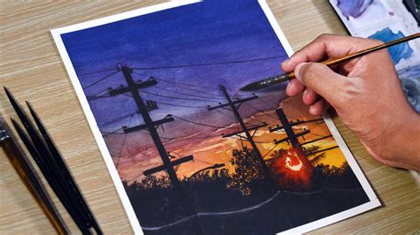 Watercolor Sunset Silhouette Painting Youtube