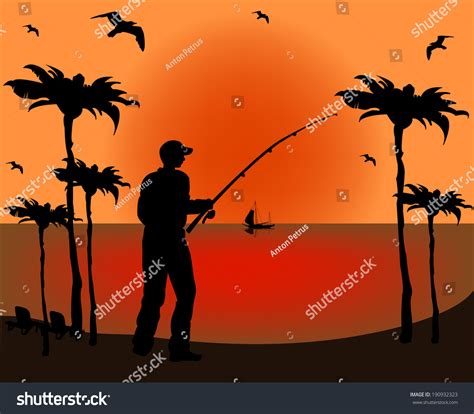Fisherman Silhouette On Sunset Background Vector De Stock Libre De