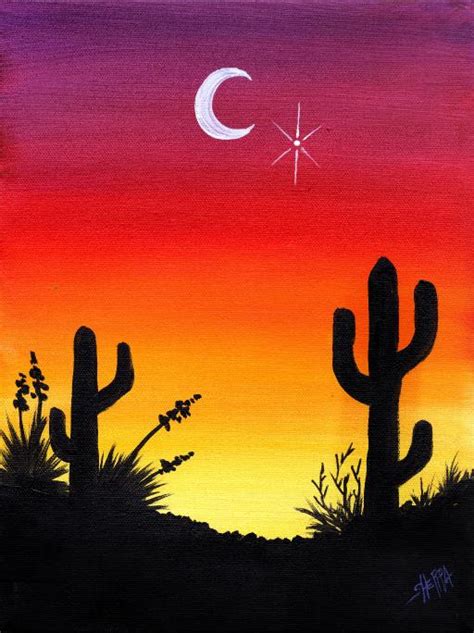 Easy Desert Sunset With Cactus Acrylic Painting Beginner Step By Step