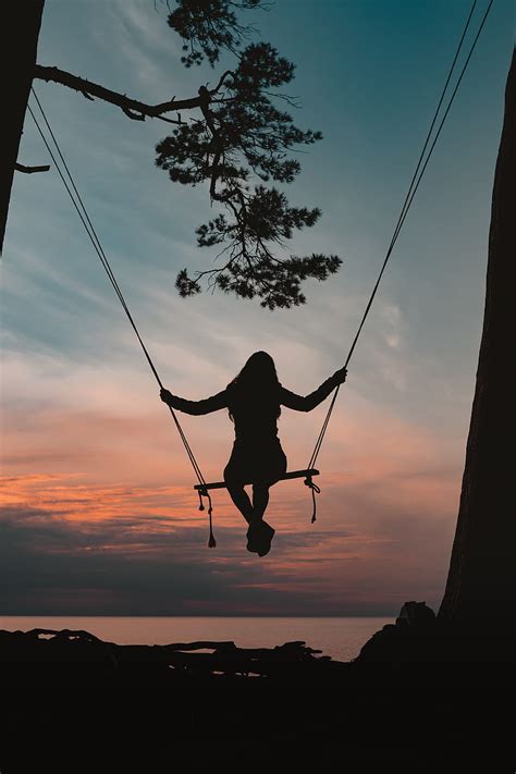 Girl Swing Silhouette Branch Sunset Hd Phone Wallpaper Peakpx