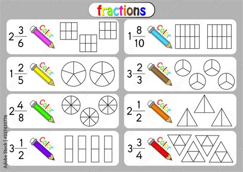 Mixed Number Improper Fractions Color The Shape To Show The Fraction