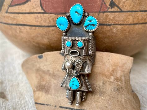 Navajo Doris Smallcanyon Sterling Silver Turquoise Yei Figure Ring Size