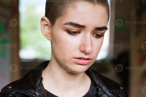 Sad Young Woman Crying Looking Away Short Haircut Closeup Portrait