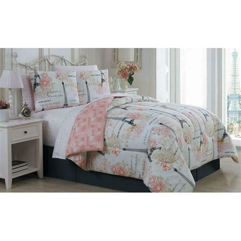 Paris Eiffel Tower Pink And Grey Flowers Twin Comforter Set 6 Piece Bed