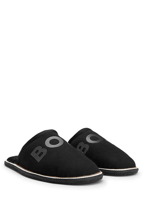 Boss Monogram Logo Slippers With Rubber Outsole And Signature Stripe