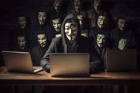 Premium Photo Anonymous Hackers Without Face Sitting At Laptops And