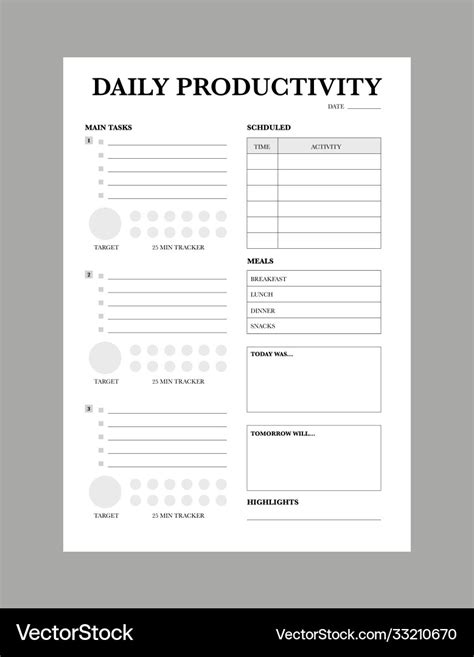 Daily Productivity Planner Template Royalty Free Vector