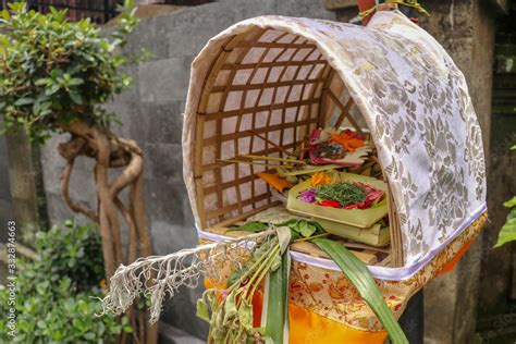 Altar Woven From Bamboo Wicker Covered With White Cloth With Gold