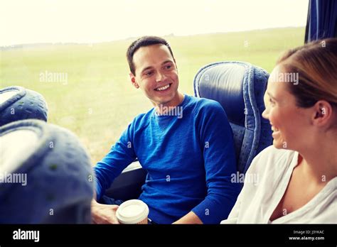 Group Of Happy Passengers In Travel Bus Stock Photo Alamy