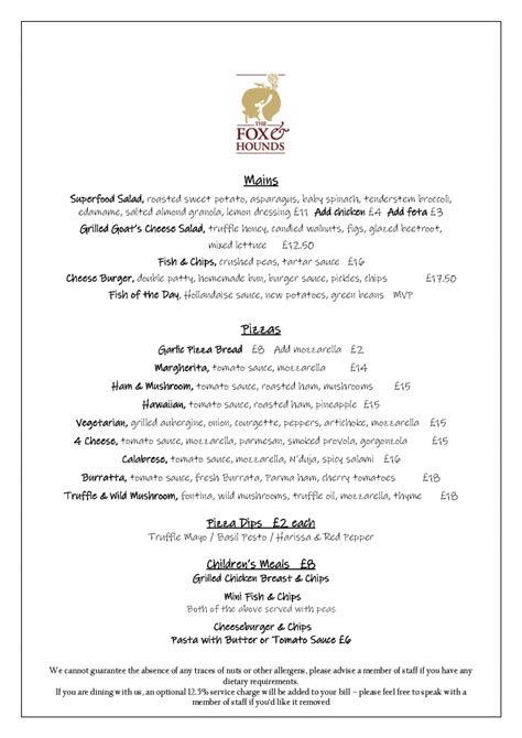 The Fox And Hounds Current Menu