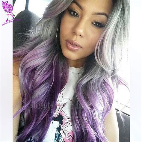 Purple Wigs Ombre Synthetic Lace Front Wig Two Tone Grey