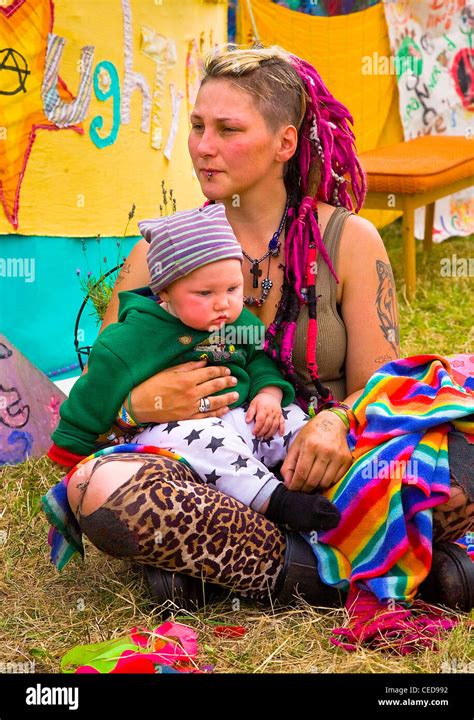 Colourful New Age Hippy Mother And Baby Stock Photo Alamy
