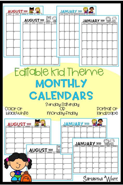 Monthly Editable Calendar 2023 2024 Kid Theme Kids Calendar Kids