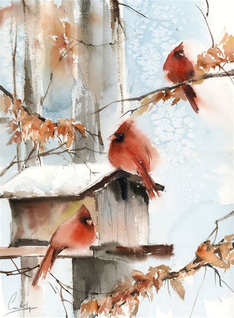 Northern Cardinals And Birds Feeder Original Watercolor Painting Winter Scene With Birds Art By