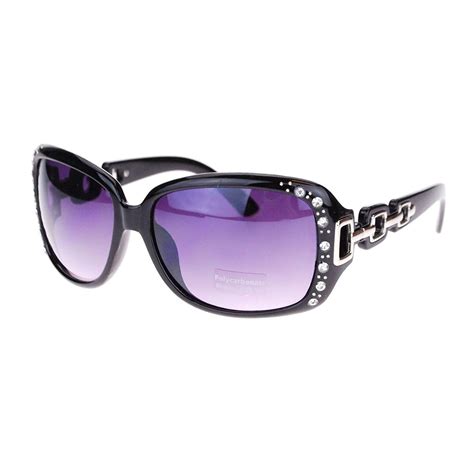 Womens Oversized Rectangular Rhinestone Encrusted Chain Arm Fashion Sunglasses Black