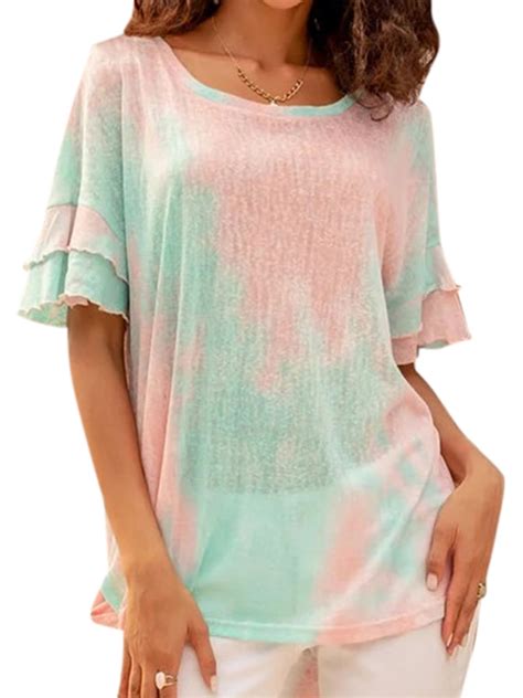 Lallc Womens Plus Size Tie Dye Summer Short Sleeve Loose Tunic Tops Casual Basic Tee