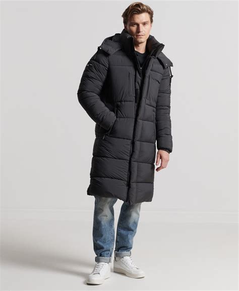 Mens Touchline Padded Longline Coat In Football Grid Charcoal Superdry