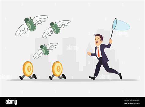 Businessman Trying To Catch The Money Money With Wings And Coin With