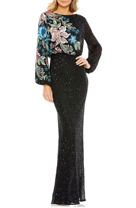 Mac Duggal Embellished Sequin Long Sleeve Blouson Gown In Black Lyst