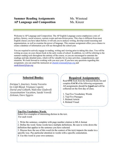 Summer Reading Assignments Ap Language And Composition Ms Winstead