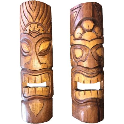 2 Wood Stained Hand Carved Tiki Masks 19 Inches Tiki Mask Tiki Hand Carved