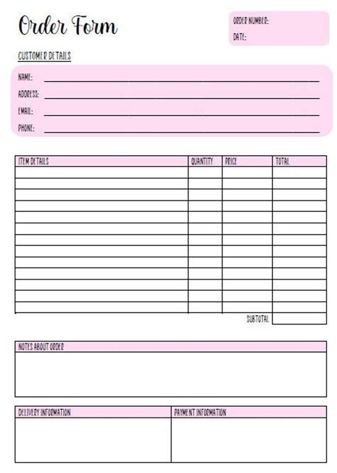 Pink Order Form Template Editable Printable Order Form Etsy Etsy