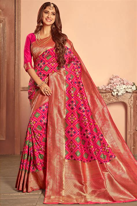 Buy Weaving Work Dark Pink Wedding Wear Silk Fabric Saree With Blouse