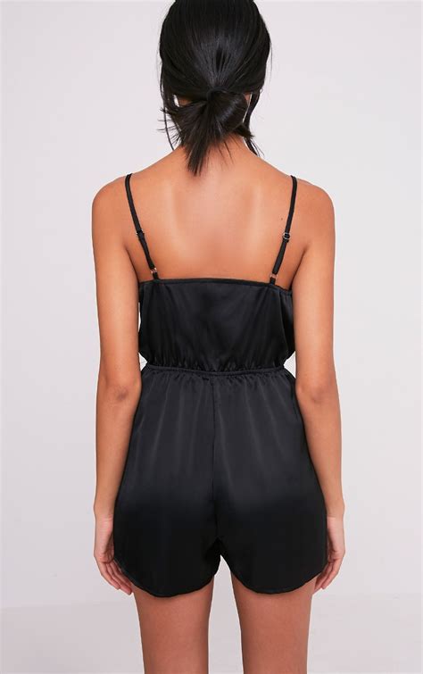 Rosilee Black Strappy Satin Playsuit Jumpsuits And Playsuits Prettylittlething Prettylittlething