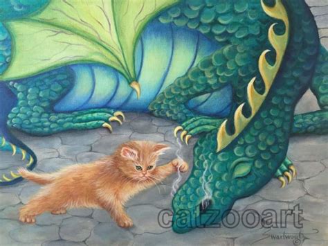 Cat And Sleeping Dragon Kitten Art Catzooart