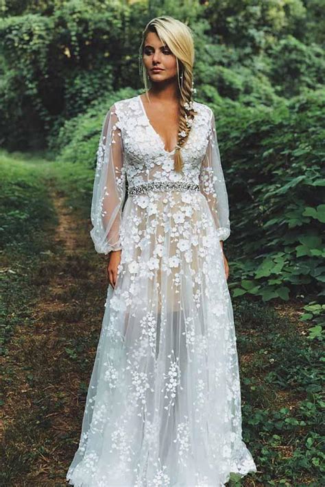 Unique Boho See Through A Line Rustic Country Wedding Dress Vestido D