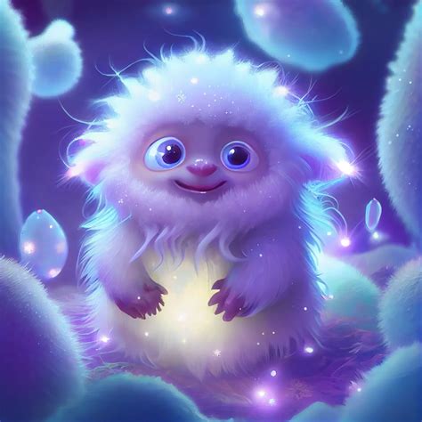 A Cute Little Fluffy Baby Yeti Surrounded By Floating Luminous Crystal