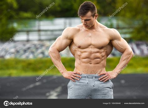 Muscular Man Working Out Outdoor Strong Male Naked Torso Abs Outside Stock Photo Nikolas