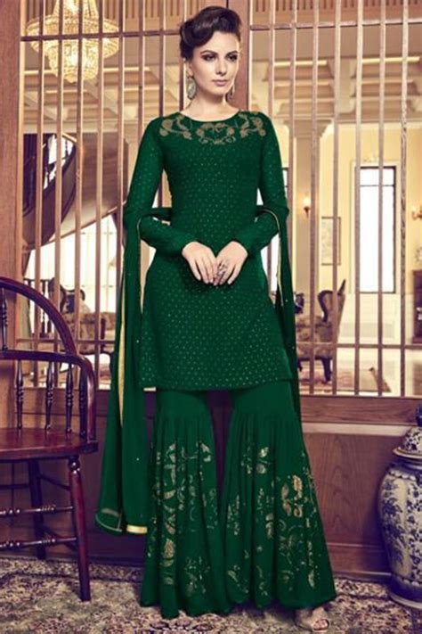 Satin Georgette Sharara Pakistani Dress Dark Green Color With Jari Embroidery Work
